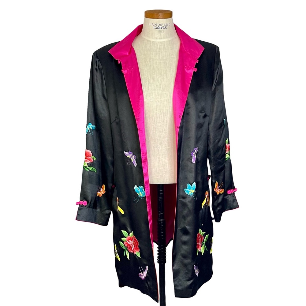 Ami Amie Black Nature Inspired Embroidered Silky-soft Kimono Robe Jacket SzXL? - Picture 7 of 11